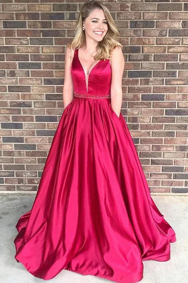 Vestido de fiesta largo de satén con escote en V y corte A para noche
